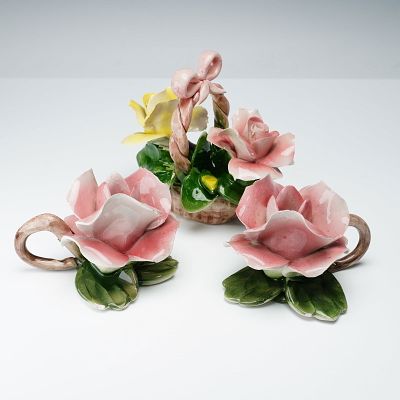 3pc Capodimonte Italian Porcelain Rose Basket with Rose Candle Holders. Charming Capodimonte 