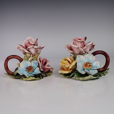 2pc Capodimonte Porcelain Candleholders. Pair of Italian Capodimonte porcelain candleholders 