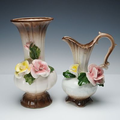 2pc Nuova Capodimonte Vintage Floral Pitcher & Vase. This elegant Italian porcelain set includes 