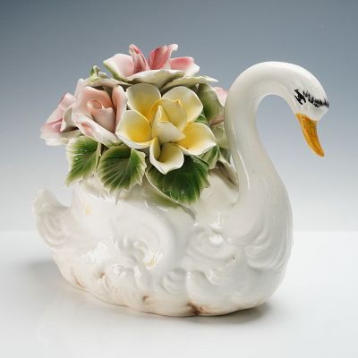Capodimonte Porcelain Swan with Flowers Sculpture. Capodimonte hand painted porcelain 