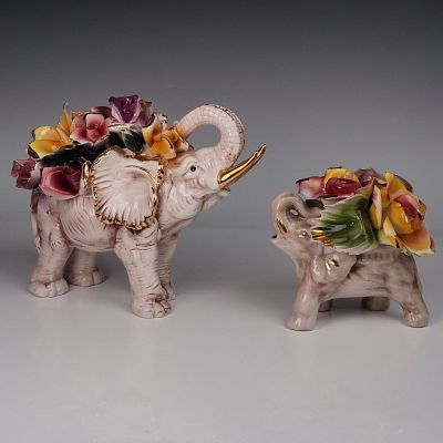 2pc Capodimonte Porcelain Elephant Floral Figurines. Hand-painted Capodimonte porcelain elephant 