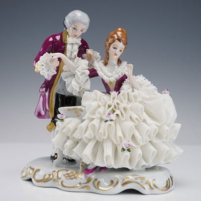 Dresden Germany Porcelain Lace Figurine, Courting Couple. Dresden Germany porcelain lace 
