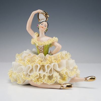 WR Dresden Style Lace Figurine Spanish Dancer with Tambourine. A beautifully detailed lace 