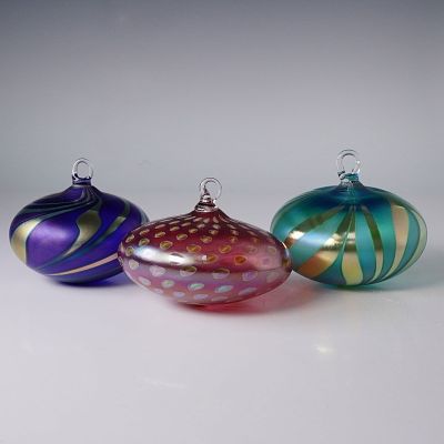 Trio of Iridescent Art Glass Ornaments, Handblown Studio Works, Signed. Striking set of three 