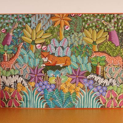 Haitian Acrylic on Linen Board Painting, Jungle Scene, Signed Penoth. Vibrant Haitian jungle 