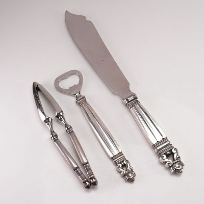 3pc Georg Jensen Sterling Silver and Stainless Steel Serveware, Acorn. A three-piece lot of 