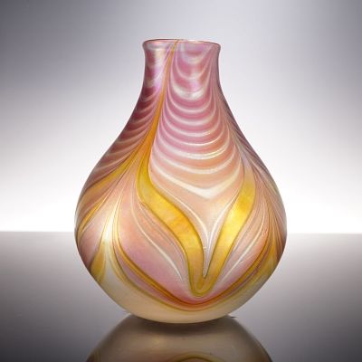 John Barlin Studio Art Glass Iridescent Vase, Artist Signed. Striking studio art glass vase by 