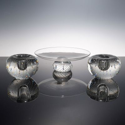 3pc Art Glass Centerpiece and Candleholders. A trio of clear art glass pieces featuring 