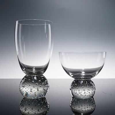 2pc Art Glass Cup and Tumbler with Controlled Bubble Bases. Set of two clear art glass pieces in 