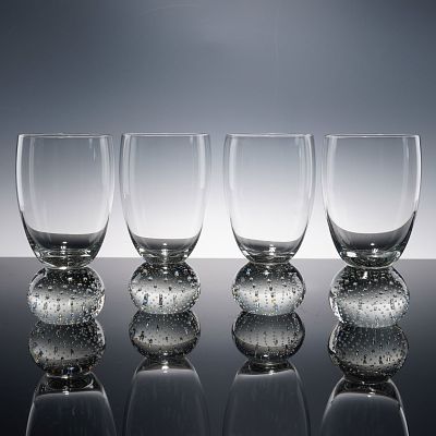 4pc Art Glass Tumblers with Controlled Bubble Bases. Set of four clear art glass tumblers, each 
