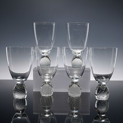 6pc Art Glass Water Goblets with Controlled Bubble Bases. Each goblet features a clear bowl atop 