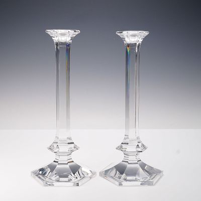 Val St. Lambert Crystal Candle Holders. Elegant pair of hand-cut crystal candle holders by Val 