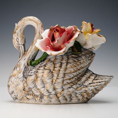 Capodimonte Italian Porcelain Swan and Floral Centerpiece. Elegant Capodimonte porcelain swan 