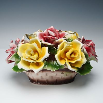 Capodimonte Vintage Figurine, Flower Basket. Exquisite hand-painted porcelain centerpiece 