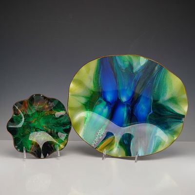 2pc Mayfair Seetusee Leather Backed Bowls. A striking pair of mid-century decorative art glass 