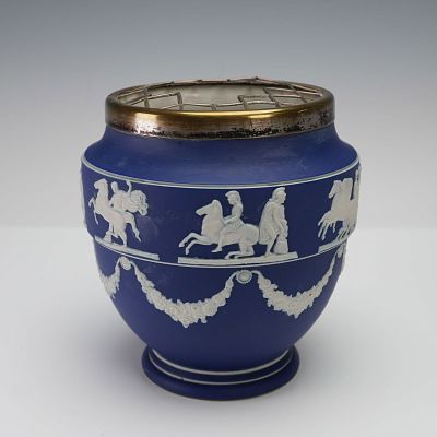 Adams Blue Jasperware Vase with Metal Flower Frog. An English blue jasperware vase by Adams 