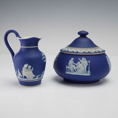 2pc Wedgwood Blue Jasperware Pitcher and Covered Bowl. A matched group of two Wedgwood blue 