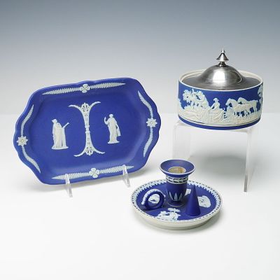 3pc Wedgewood Wedgwood Cobalt Jasperware. A fine trio of classic Wedgwood Jasperware pieces in 