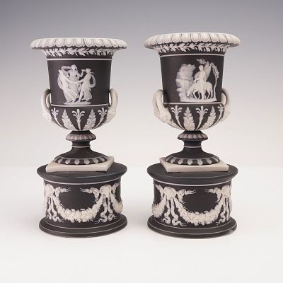 Pair of Wedgwood Black Jasperware Pedestal Vases. Elegant pair of Wedgwood black jasperware 