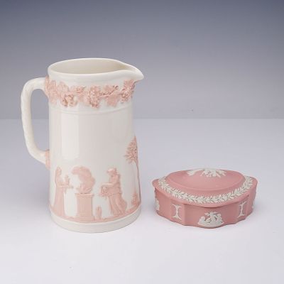 2pc Wedgwood Queens Ware Jug and Jasperware Lidded Box. Two charming collectibles including a 