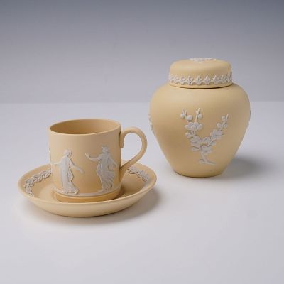 4pc Wedgwood Primrose Jasperware, Demitasse Cup & Saucer and Ginger Jar. A charming collection 