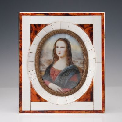 Miniature Painting Mona Lisa Portrait in Frame. Miniature hand-painted portrait of the Mona Lisa 