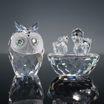 2pc Swarovski Silver Crystal Figurines, Owl and Birds Nest. Two faceted crystal figures 