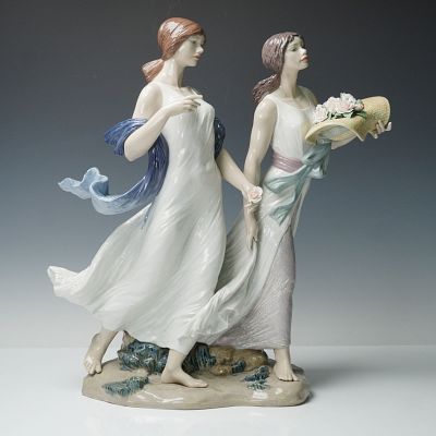 Lladro Porcelain Sculpture, Summer Roses 1008399. Depicting two figures in flowing attire 