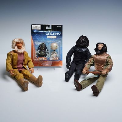 4pc Planet of the Apes and Hitchhiker's Guide to the Galaxy Action Figures. Lot of three vintage 
