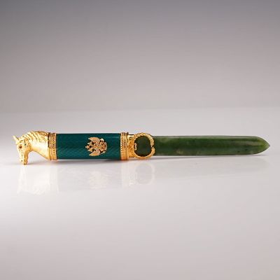 Russian Faberge Style Gilt Silver and Nephrite Letter Opener. Exquisite Russian Faberge style 