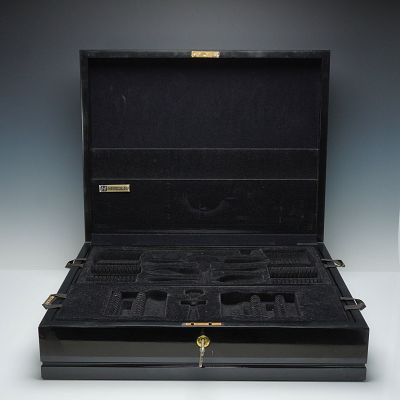 Hercules Black Lacquer Flatware Chest with Key. Elegant mid-century Hercules flatware chest 