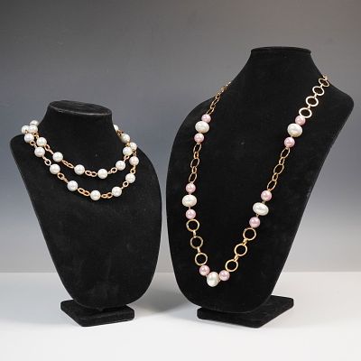 2pc Gold Tone Link Necklaces with Simulated Pearls. Pair of gold tone link necklaces featuring 