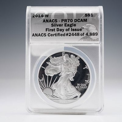 2014-W American Silver Eagle First Day Issue $1 Coin ANACS Graded PR70 DCAM. This 2014-W 