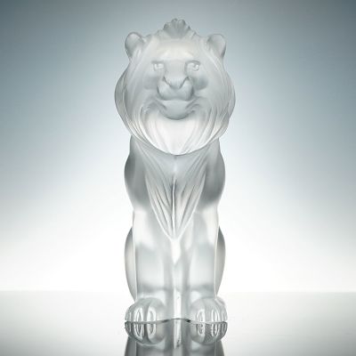 Lalique Frosted Crystal Figurine, Bamara Lion. A majestic lion in a seated pose, finely rendered 