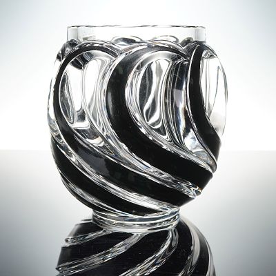 Lalique Crystal Vase, Noir Flamme. Striking crystal vase designed with sweeping black and clear 