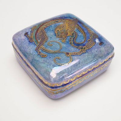 Wedgwood Fairyland Lustre Covered Box, Cruel Dragon Z4829. Square-shaped lidded box with 