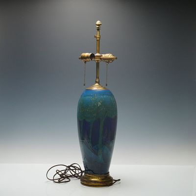 Moorcroft Rare Pottery Table Lamp, Moonlit Blue. The design is decorated with stylized trees in 