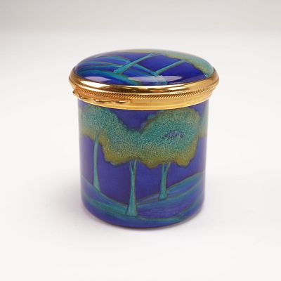 Moorcroft Enamels Cylindrical Pot, Moonlit Blue. Cylindrical lidded enamel pot in the "Moonlit 