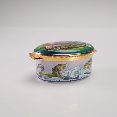 Moorcroft by Philip Gibson Trial Fish Motif Enamel Mini Oval Box. Featuring a detailed design of 