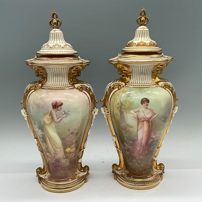 Pair of Royal Doulton Arthur Leslie Covered Vases RA7336.D. Two ovoid form vases with raised 