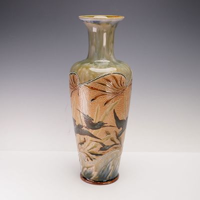 Doulton Lambeth Stoneware Vase by Florence Barlow, Pate-sur-Pate Blackbirds. This vase showcases 