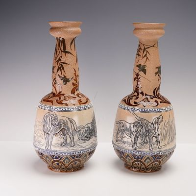 Pair of Doulton Lambeth by Hannah Barlow and Florence Barlow Vases. Splendid pair of salt glazed 