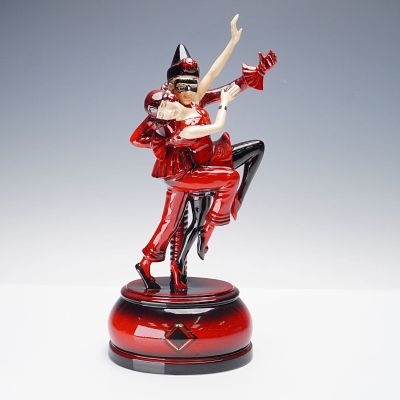 Peggy Davies Ceramics Flambe Ruby Fusion Figurine, Harlequin and Columbine. Depicting Harlequin 