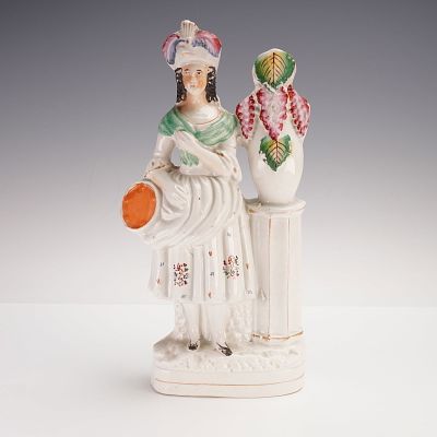 Antique Staffordshire Porcelain Figurine, Girl with Tambourine and Vase. This charming 
