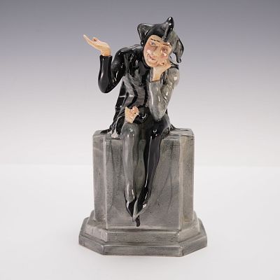 Carlton Ware Prototype Colorway Figurine, The Jester. The figurine depicts a seated jester in 