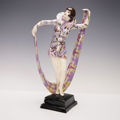 Goldscheider by Stefan Dakon Porcelain Figurine, Veil Dance. A striking Art Deco porcelain 