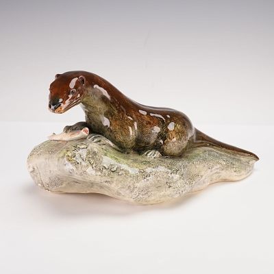 Prototype Royal Doulton Animal Figurine, Otter on Rock. Rare prototype earthenware figurine of 