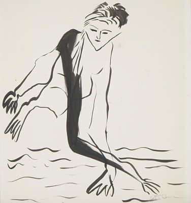 Original Black Ink Drawing on Paper, Figure in Motion, Signed. A striking and fluid ink drawing 