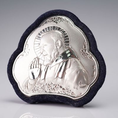 Silver-Plated Saint Pio of Pietrelcina Plaque. This silver-tone devotional plaque depicts Padre 