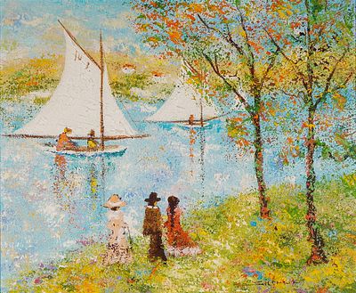 Silenne, Original Oil on Canvas, French Riverside Sailing, Signed. This vibrant oil on canvas by 